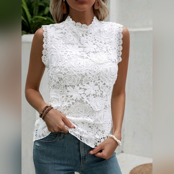 * NEW Boho Embroidered Lace Sleeveless Top Tank Blouse White - Picture 2 of 8